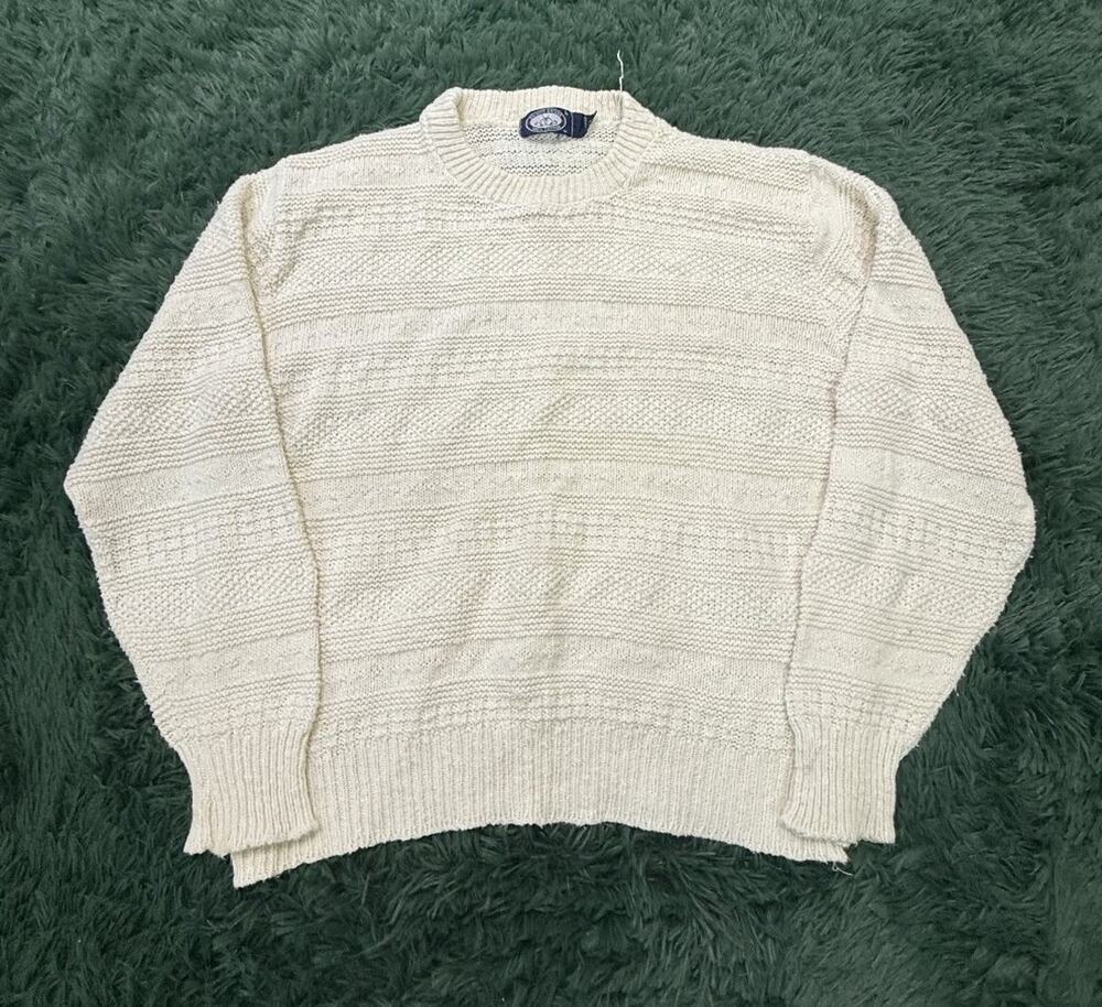 Knights Bridge Men's L 100% Cotton Cream Textured Knit Pullover Sweater VTG